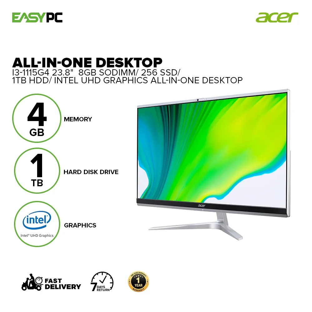 Acer All-In-One Desktop i3-1115G4 23.8"/8gb Sodimm/256 SSD/1Tb HDD/Intel UHD Graphics/USB Kb and Mouse/Speakers/Webcam/Wifi/BT 5.0/Gigabit LAN/Win10 Home/Office Home DQ. BFTSP.002 11BRI  ACDQ2330
