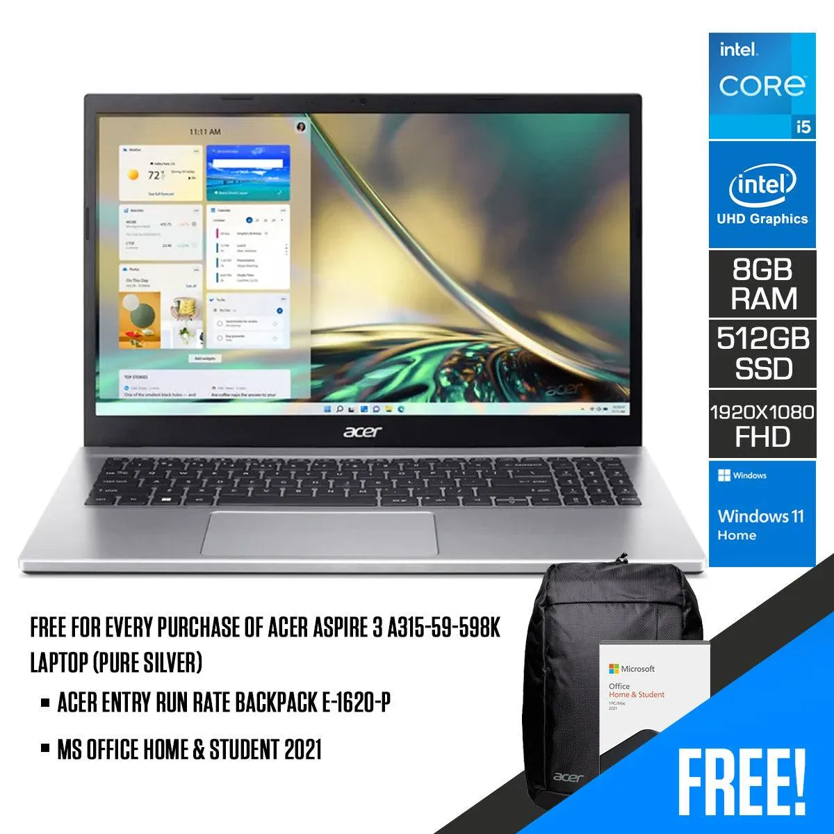 Acer Aspire 3 A315-59-598K Laptop (Pure Silver) | 15.6" FHD (1920 x 1080) | i5-1235U | 8GB DDR4 | 512GB SSD | Intel UHD | Windows 11 | MS Office & Student 2021 | Acer Entry Run Rate Backpack E-1620-P
