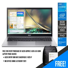Acer Aspire 3 A315-59-598K Laptop (Pure Silver) | 15.6" FHD (1920 x 1080) | i5-1235U | 8GB DDR4 | 512GB SSD | Intel UHD | Windows 11 | MS Office & Student 2021 | Acer Entry Run Rate Backpack E-1620-P