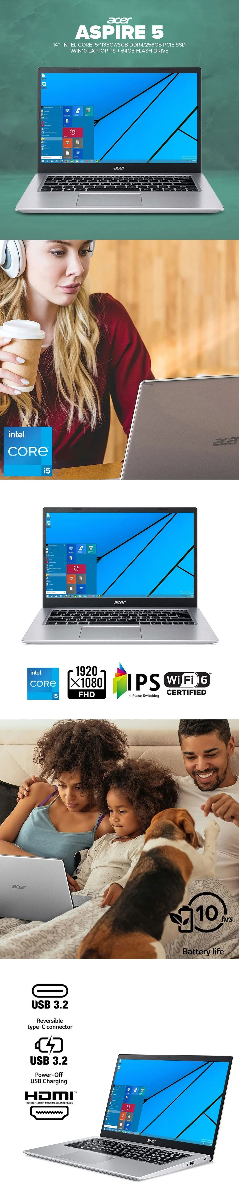 Acer  Aspire 5  14" Intel Core I5-1135G7 8Gb Ddr4 Win10  256Gb Pcie Ssd  Home And Office  Laptop Ps