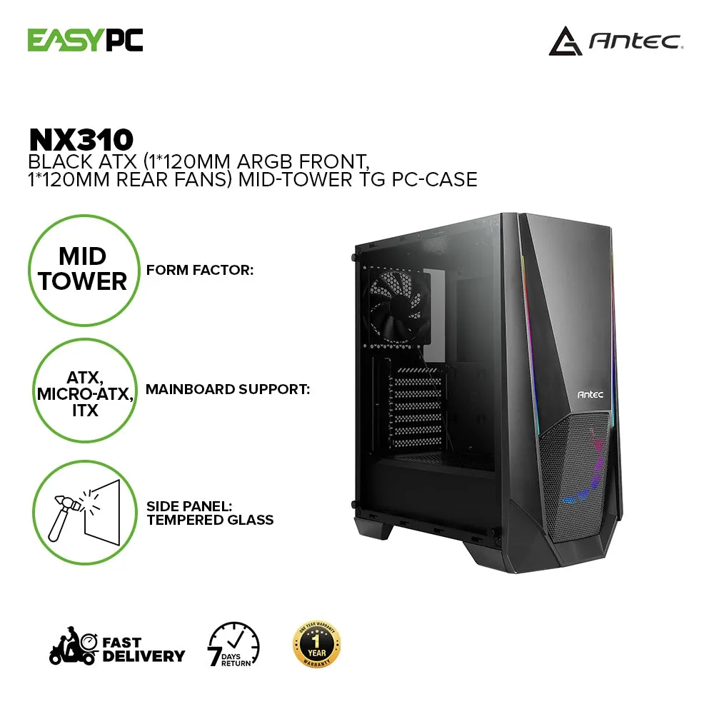 Antec NX310 Black ATX Mid-Tower TG LED Control Button PC Case (1*120mm ARGB Front, 1*120mm Rear Fans) 19GLO ANNX2646