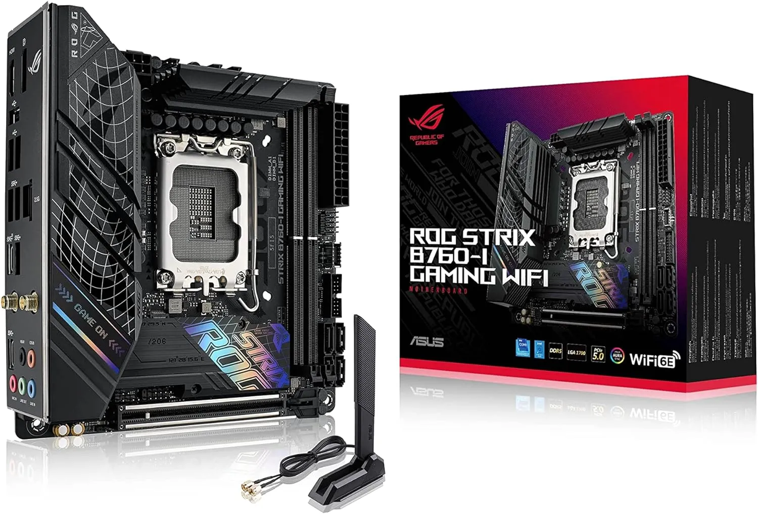 Asus ROG STRIX B760-I Gaming Wifi Motherboard, 1700, Mini ITX, DDR5, HDMI, DP, Wi-Fi 6E, 2.5G LAN, PCIe5, RGB, M.2