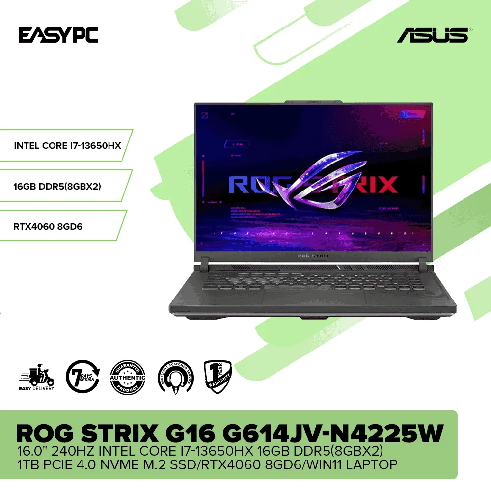 ASUS ROG Strix G16 G614JV-N4225W 16.0" i7-13650HX/16GB DDR5(8GBx2)/1TB SSD/RTX4060 8GD6/Win11 Laptop
