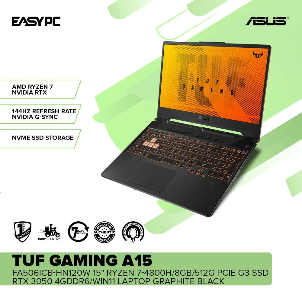 Asus TUF Gaming A15 FA506ICB-HN120W 15" Ryzen 7-4800H/8GB/512G PCIE G3 SSD/RTX 3050 /Win11 Laptop