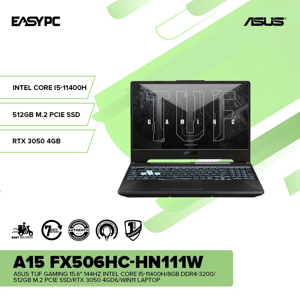 ASUS TUF Gaming A15 FX506HC-HN111W 15.6" i5-11400H/8GB DDR4-3200/512GB SSD/RTX 3050/Win11 Laptop