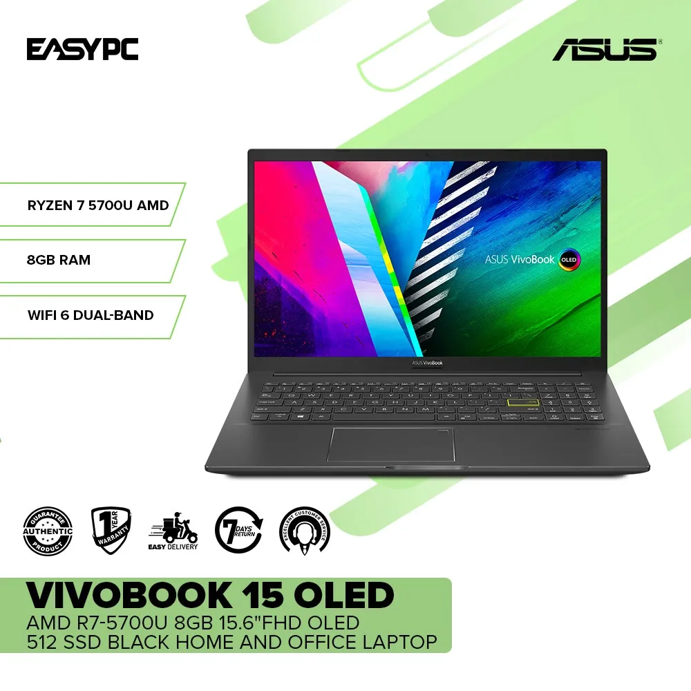 ASUS VIVOBOOK 15 OLED M513UA-L1301WS AMD R7-5700U 8GB 15.6"FHD OLED 512 SSD AMD Radeon Win11 Laptop Black 1ION