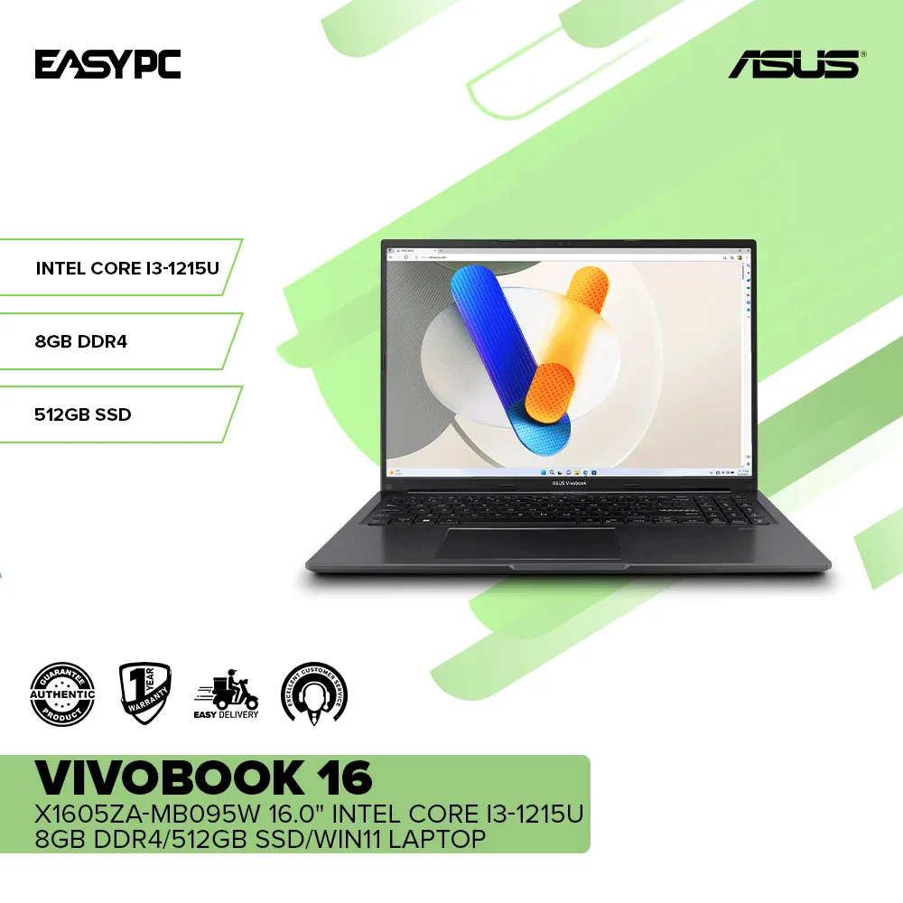 Asus VivoBook 16 X1605ZA-MB095W 16.0" Intel Core i3-1215U/8GB DDR4/512GB SSD/Win11 Laptop