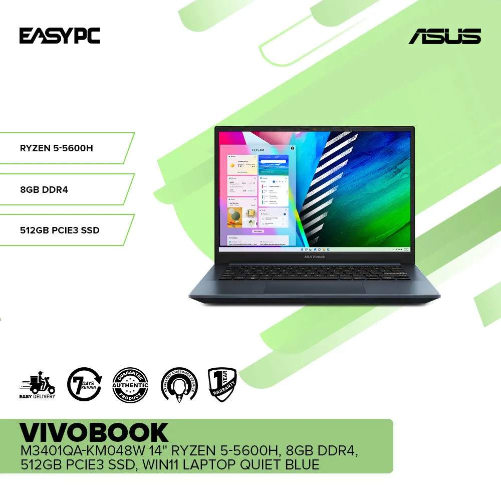 Asus Vivobook M3401QA-KM048W 14" Ryzen 5-5600H/8GB DDR4/512GB PCIE3 SSD/Win11 Laptop Quiet Blue