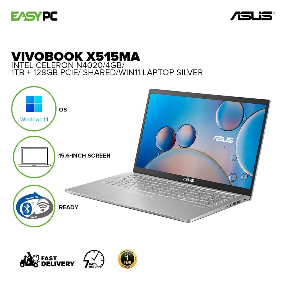 Asus Vivobook X515Ma-Br614W Intel Celeron N4020 4Gb Win10  Shared 1Tb   128Gb Pcie Laptop Silver