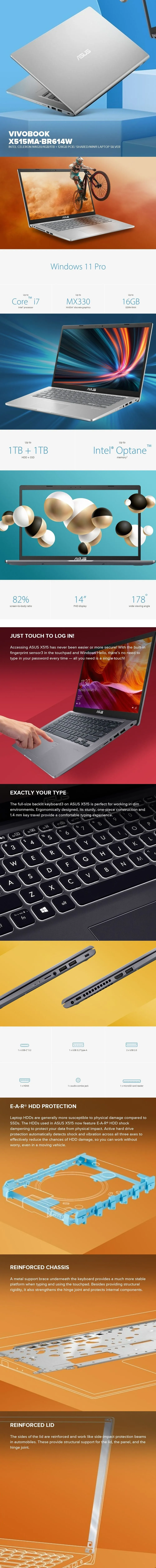 Asus Vivobook X515Ma-Br614W Intel Celeron N4020 4Gb Win10  Shared 1Tb   128Gb Pcie Laptop Silver