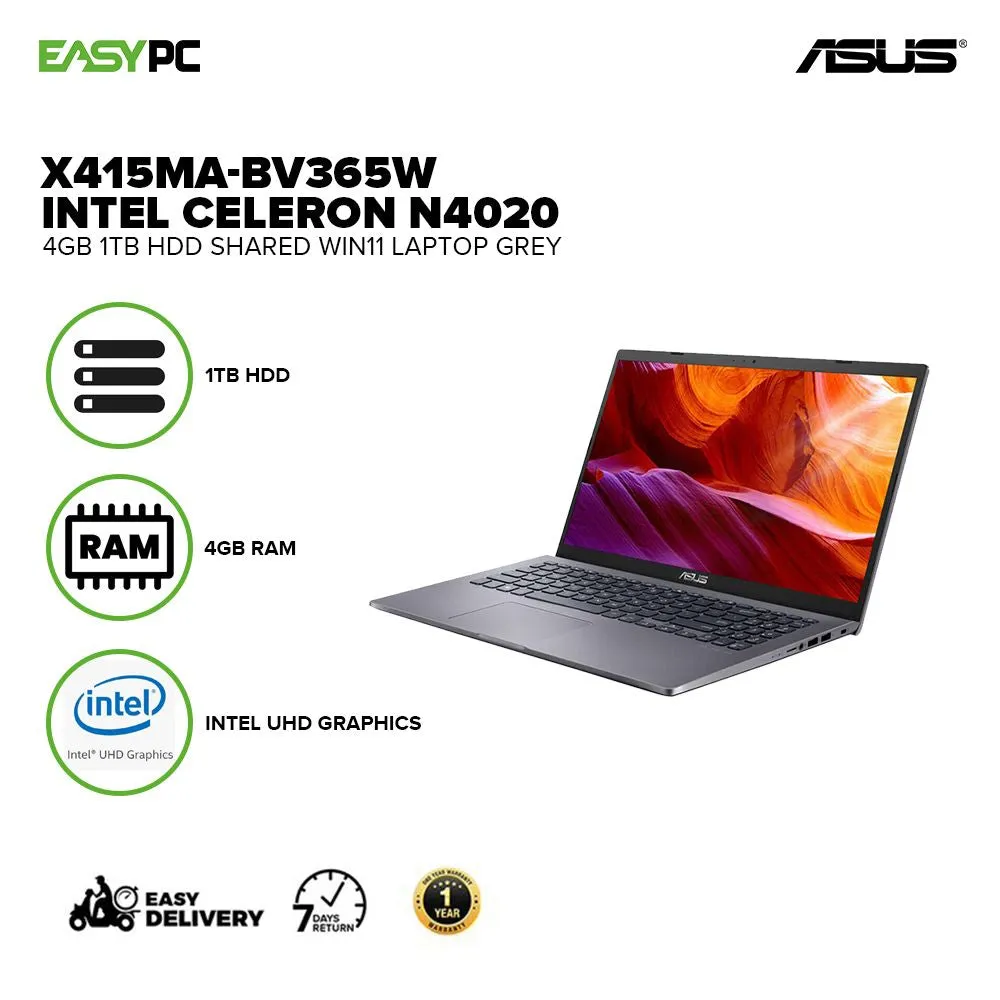Asus X415Ma-Bv365W Intel Celeron N4020/4Gb/Win11/Shared 1Tb Hdd Laptop Home And Office Grey