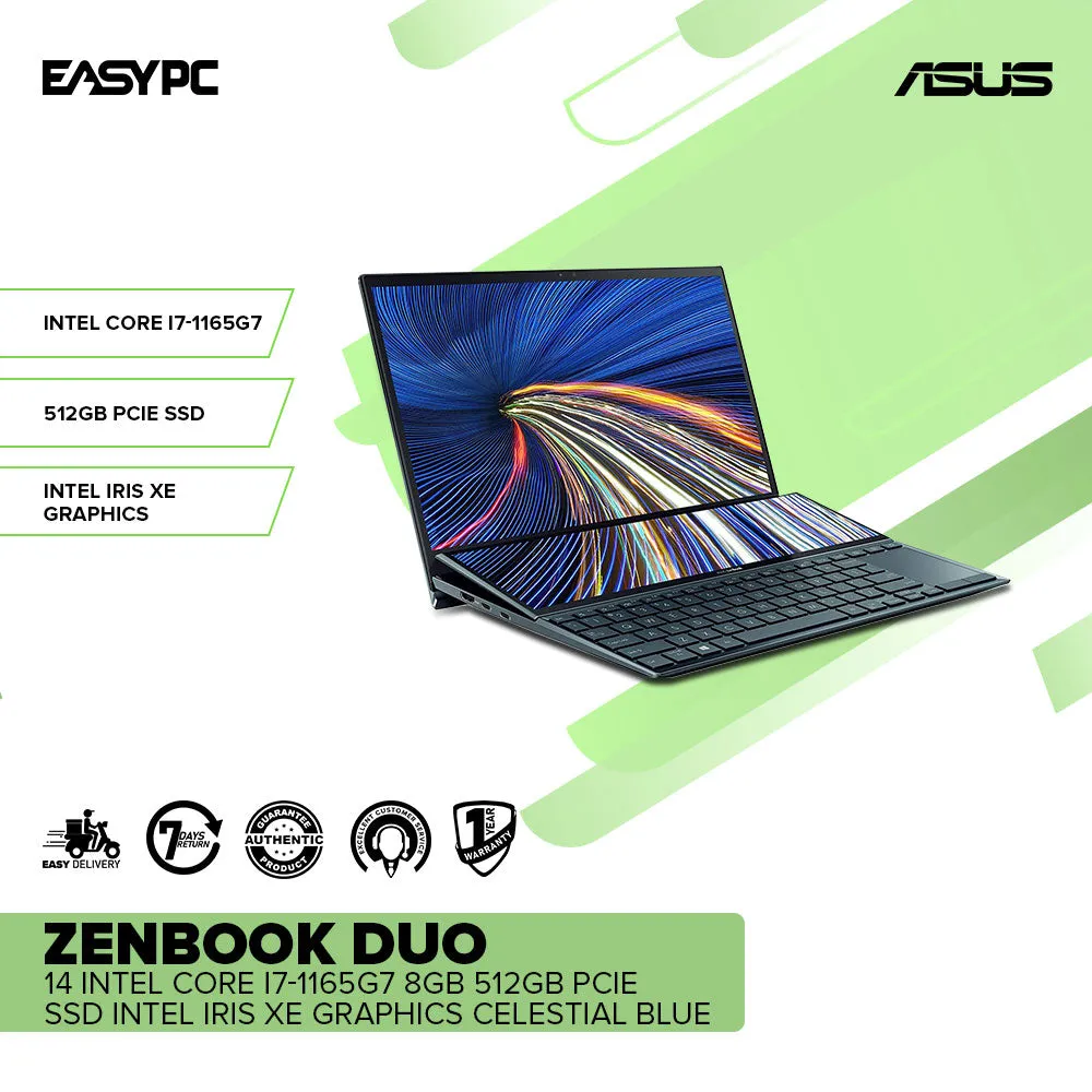 Asus ZenBook Duo 14 Intel Core i7-1165G7/8GB/512GB PCIe SSD/?Intel Iris Xe Graphics/Win10 Celestial Blue PS (No Laptop Bag Included) 1 Year Warranty Budget Laptop Same Day Delivery Brand New