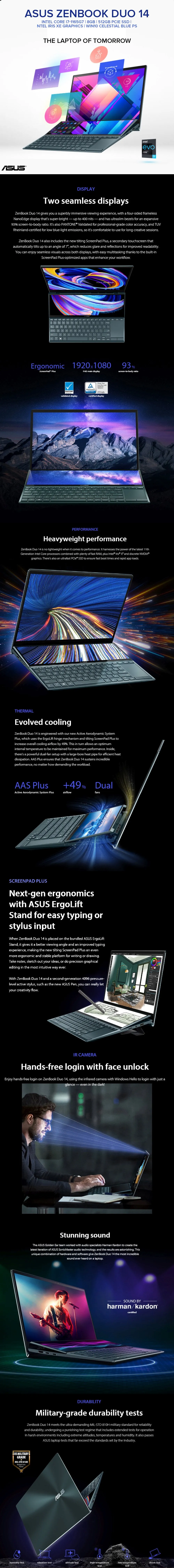 Asus ZenBook Duo 14 Intel Core i7-1165G7/8GB/512GB PCIe SSD/?Intel Iris Xe Graphics/Win10 Celestial Blue PS (No Laptop Bag Included) 1 Year Warranty Budget Laptop Same Day Delivery Brand New