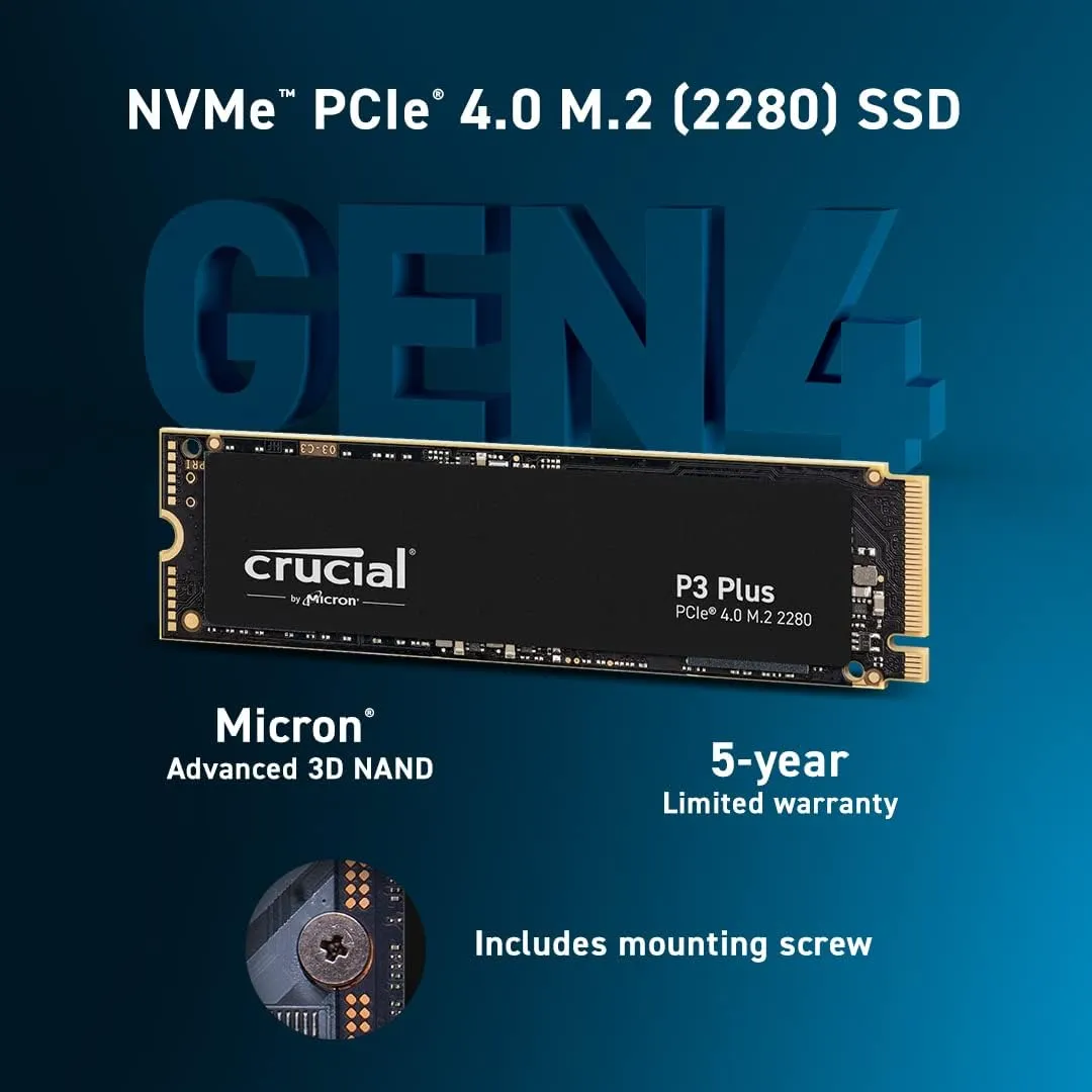 Crucial P3 Plus 4TB NVMe M.2 SSD, 4800MB/s read, Internal Solid State Drive, PCIe 4.0 Hard Drive