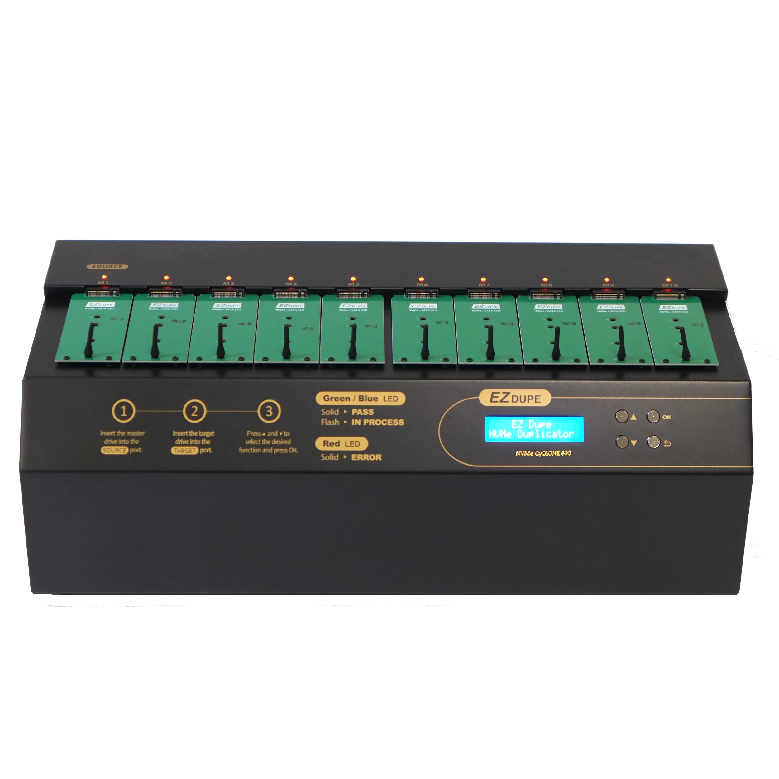EZ Dupe 1 to 9 NVMe Cyclone 600 - M.2 PCIe NVMe / M2 SATA Internal SSD Duplicator & Sanitizer 36GB/Min