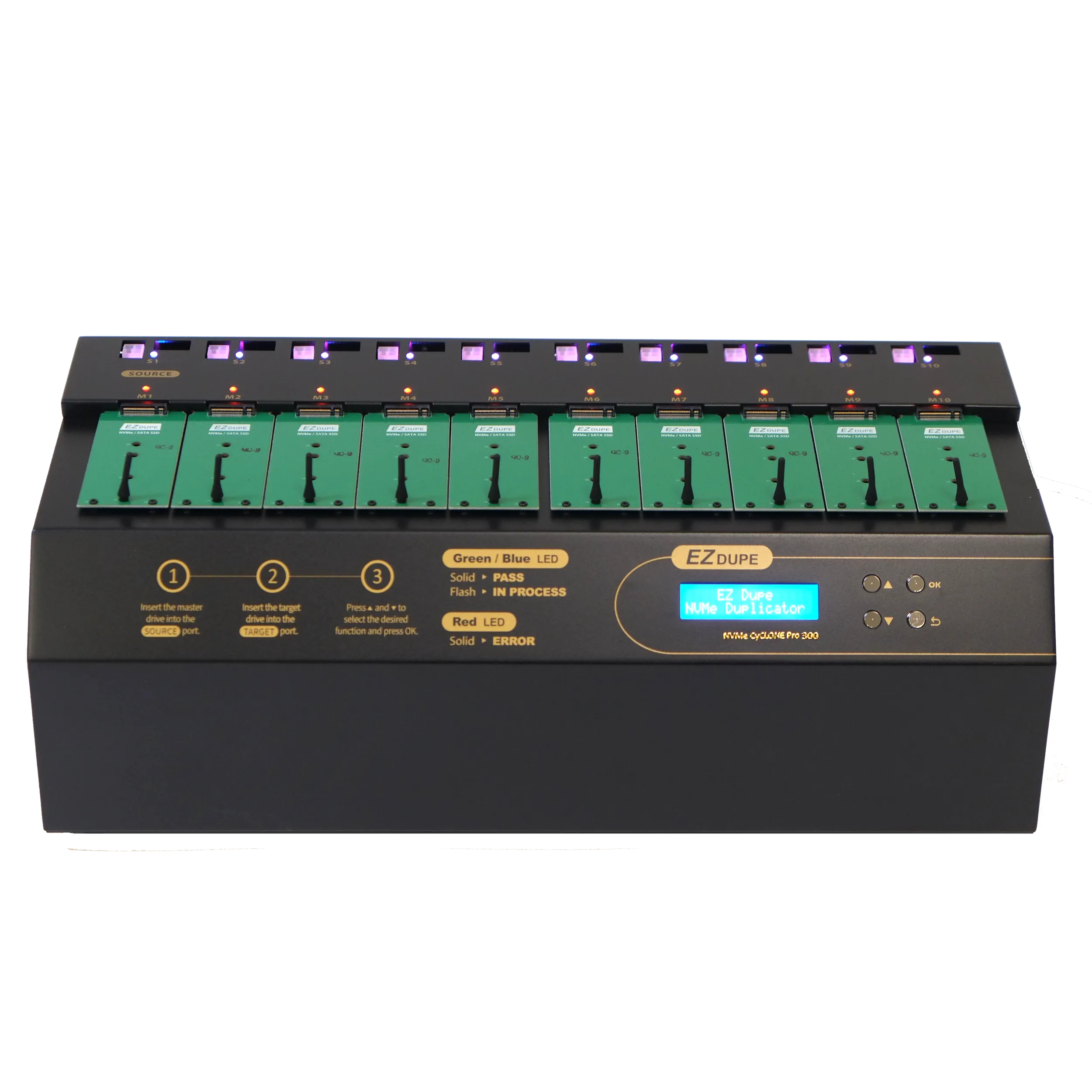 EZ Dupe 1 to 9 NVMe Cyclone Pro 300 - M.2 PCie NVMe / M2 SATA SSD & Hard Drive Duplicator & Sanitizer 18GB/Min