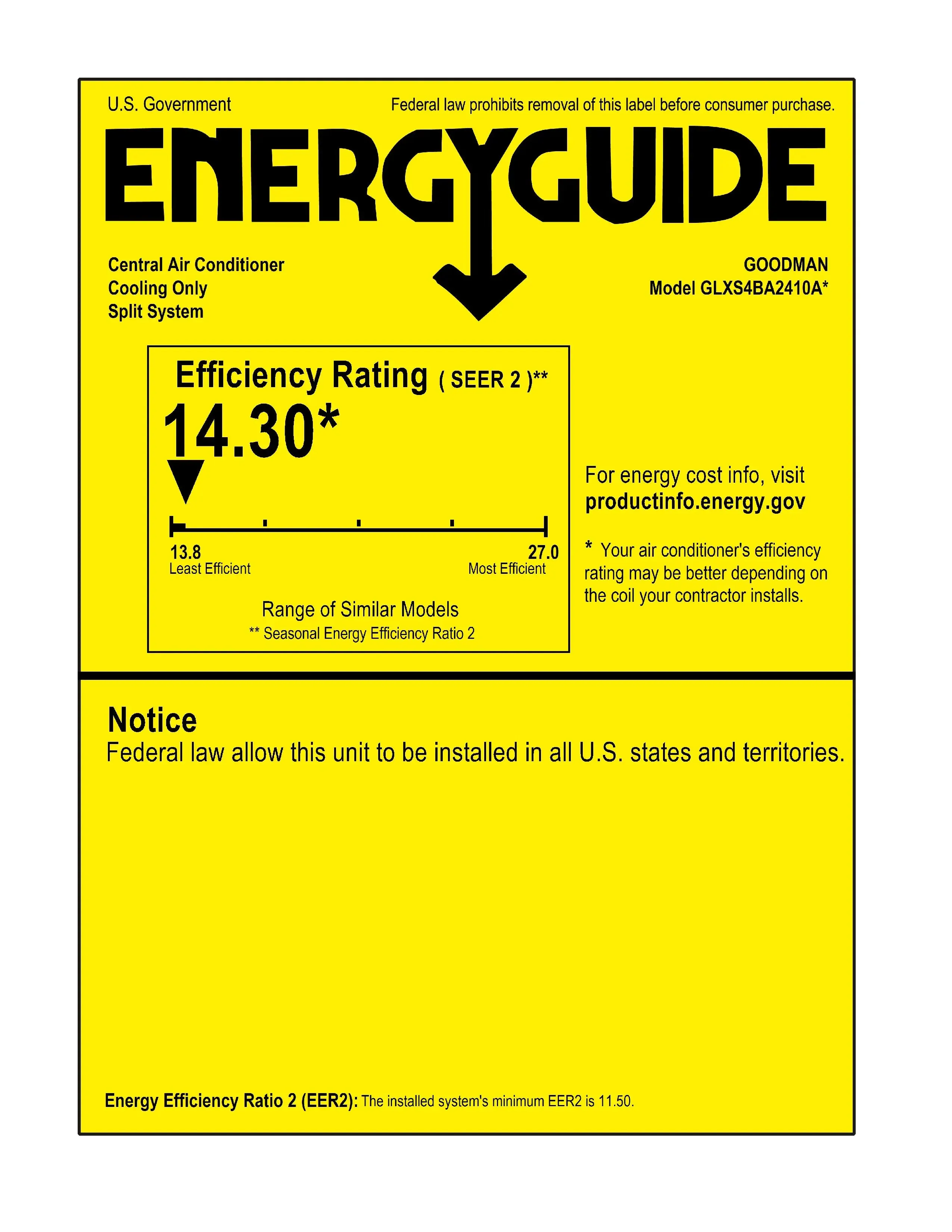 Goodman 2 Ton 14.5 SEER2 System: R32 Air Conditioner Condenser model GLXS4BA2410, Air handler model AWST24SU1310