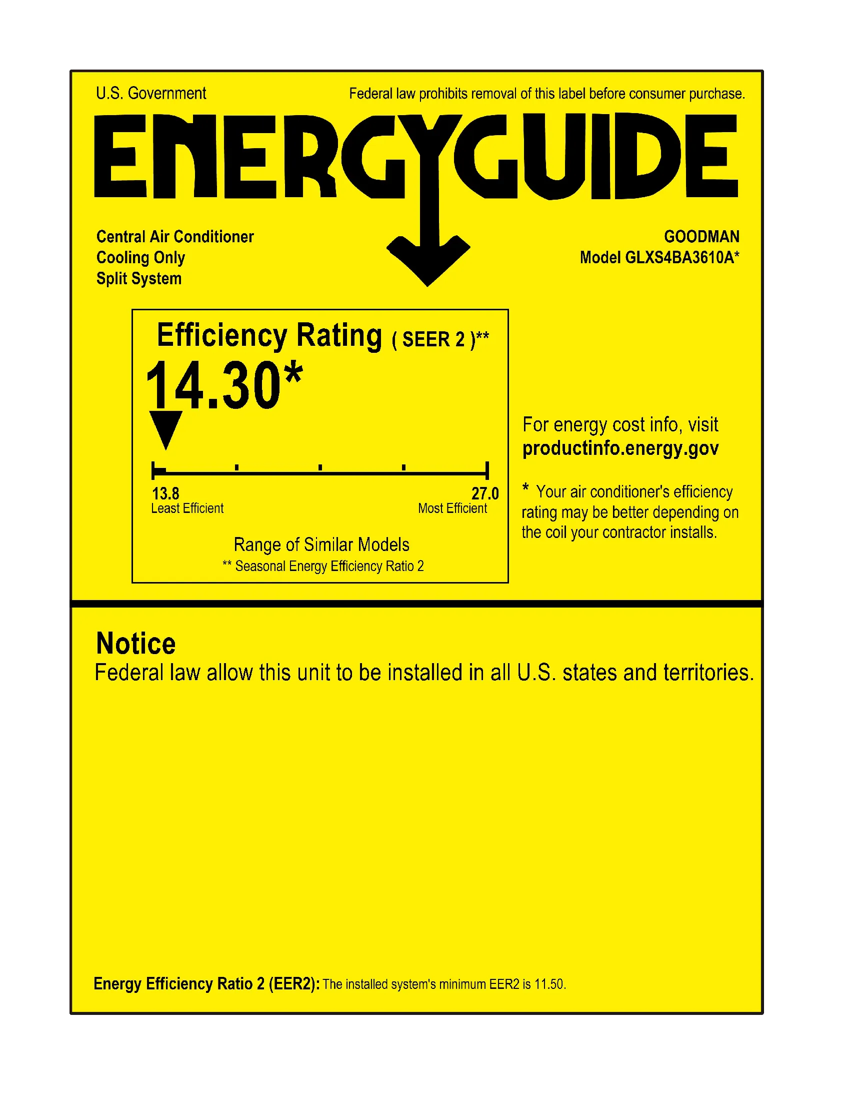 Goodman 3 Ton 15.2 SEER2 System: R32 Air Conditioner Condenser model GLXS4BA3610, Air handler model AWST36LU1310