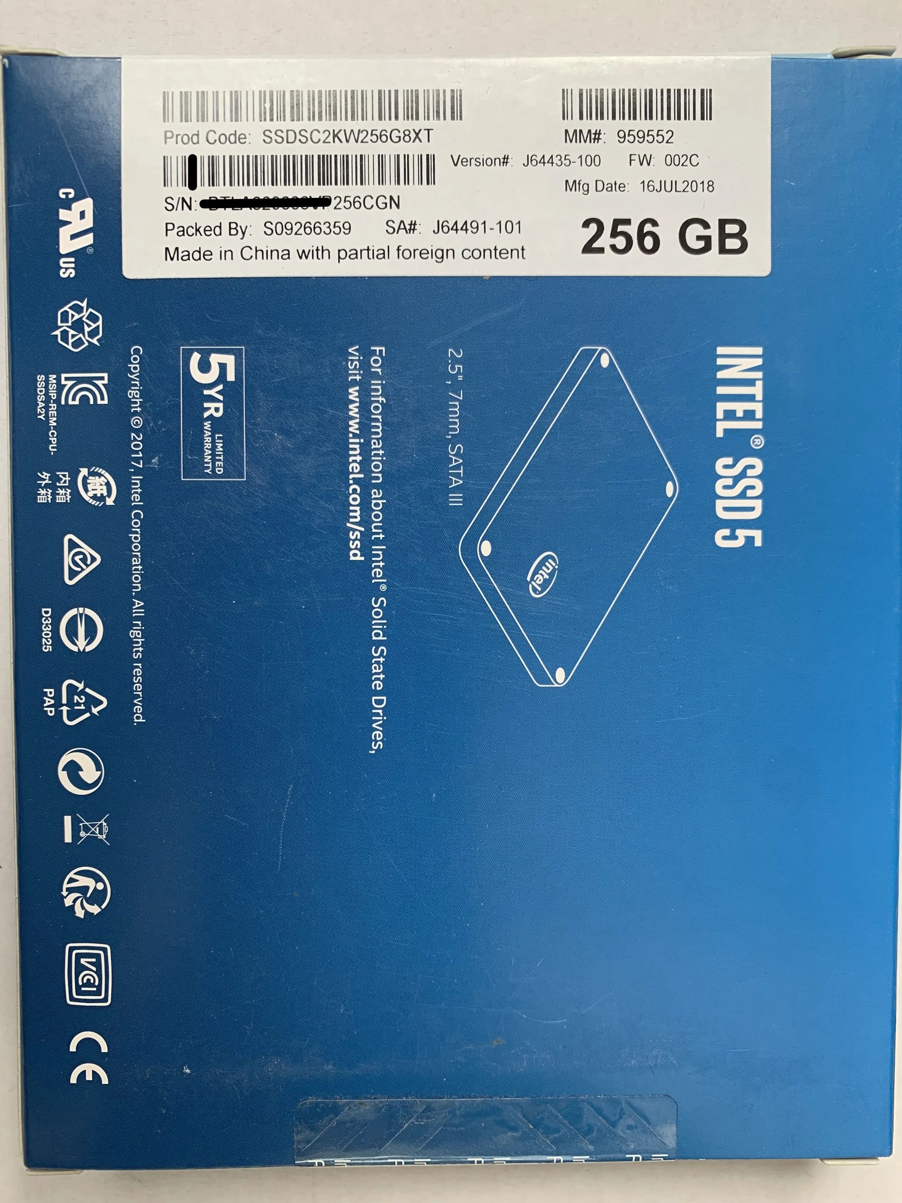 Intel® SSD 545s Series 256GB, 2.5in SATA 6Gb/s, 3D2, NAND TLC,,7.0mm,Internal Solid state drive