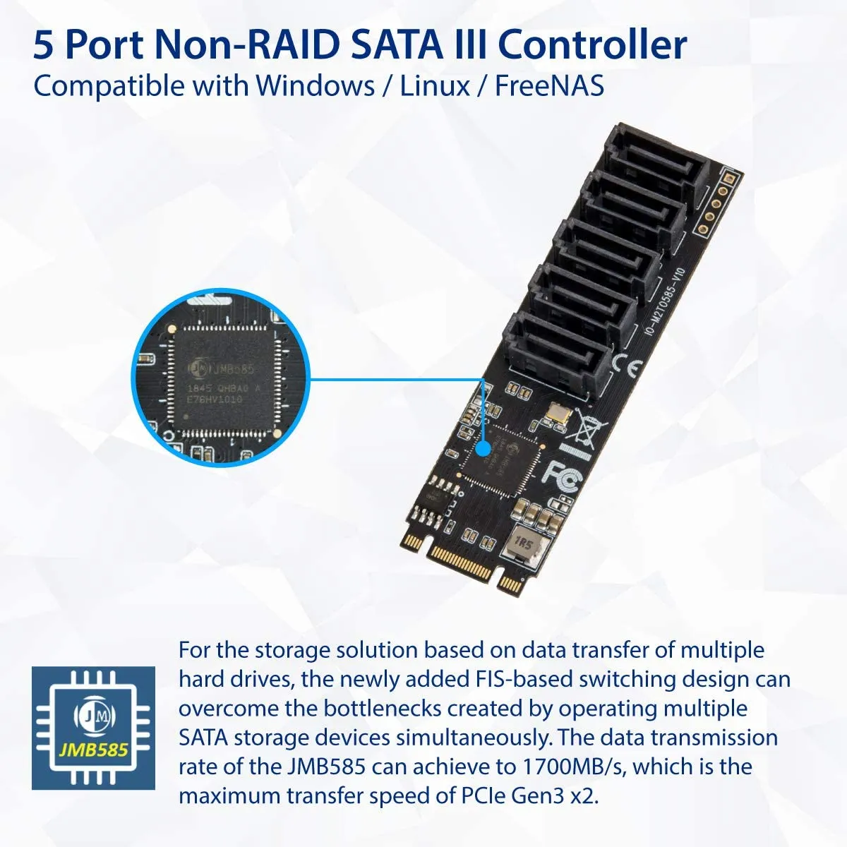 IOCrest Internal 5 Port NonRAID SATA III 6GBps Adapter Card For Desktop PC Support SSD And HDD JMB585 Chipset