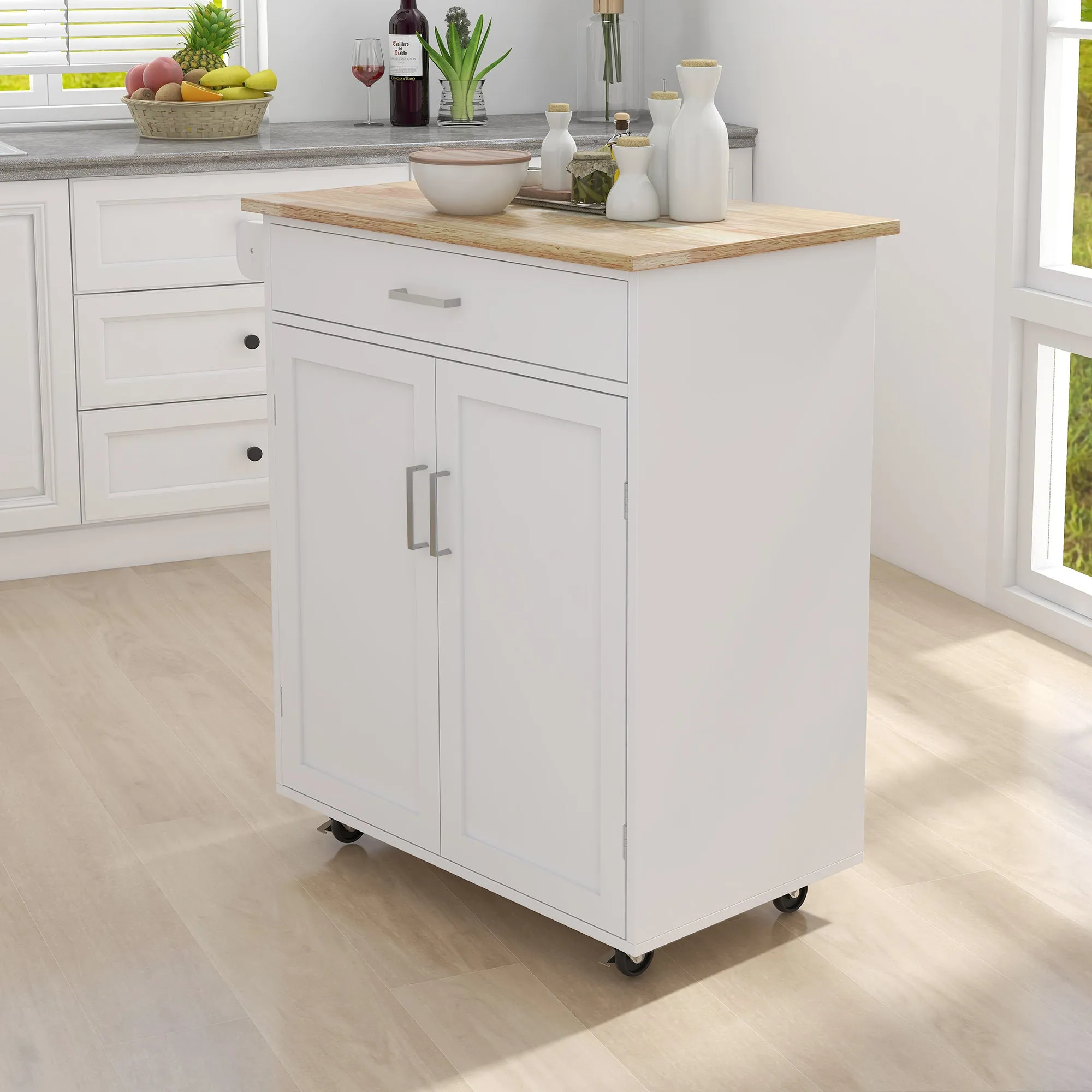 Kitchen Island Rolling Trolley Cart with Rubber Towel Rack