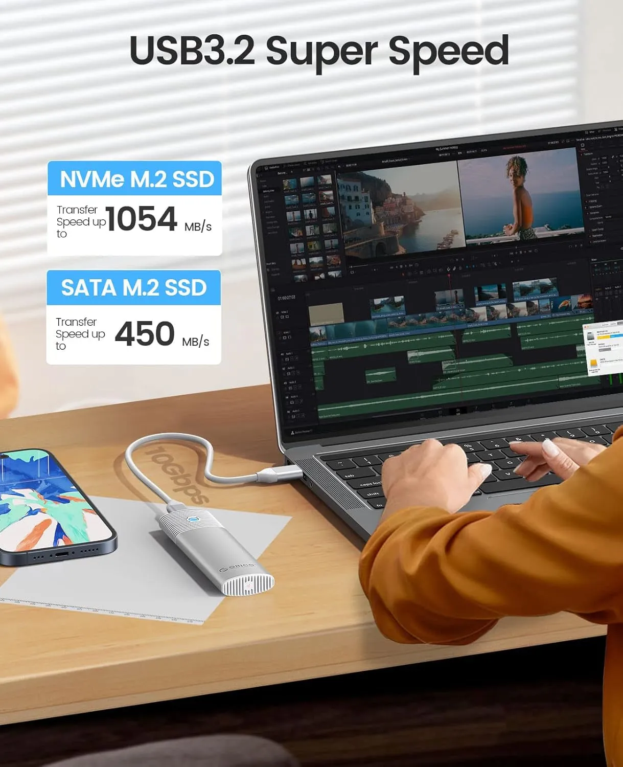 M.2 NVMe SATA SSD Enclosure Adapter Tool-Free, USB C 3.2 Gen 2 10Gbps NVME, 5Gbps NGFF SATA PCIe M-Key(B M Key) 2230/2242/2260/2280, Aluminum External M2 Reader Support UASP Trim- PWDM2-WH
