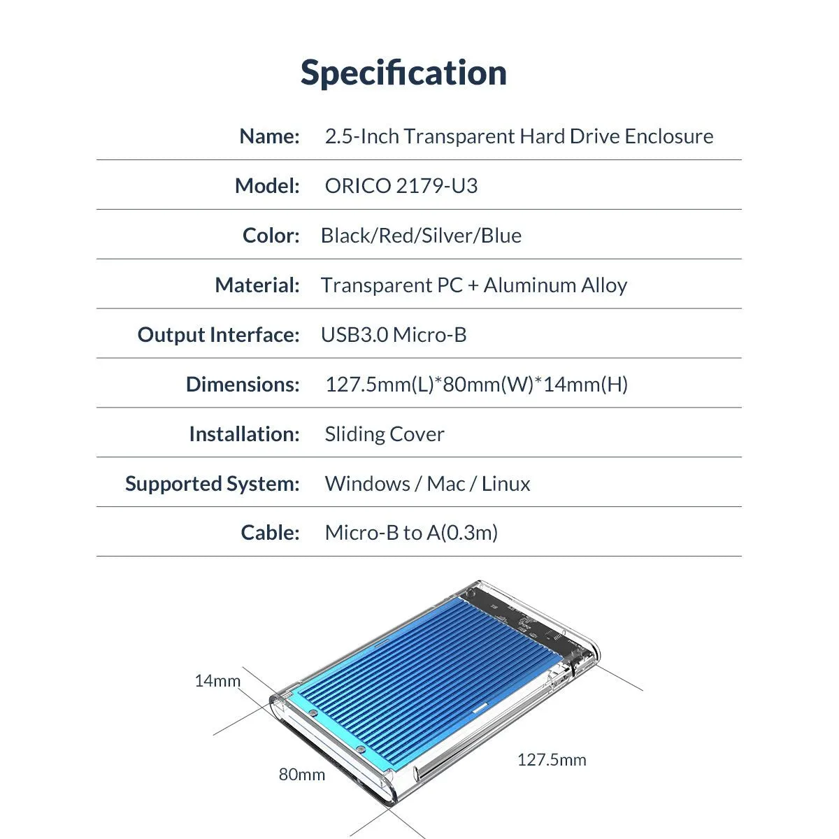 ORICO 2.5 inch SATA 3.0 HDD to USB 3.0 Micro B Transparent External Hard Disk Drive Enclosure Case with Aluminum Alloy Internal Plate & Up to 4TB Memory Storage Capacity for Windows Mac OS Linux PC Laptop Computer | 2179U3 | Silver, Blue