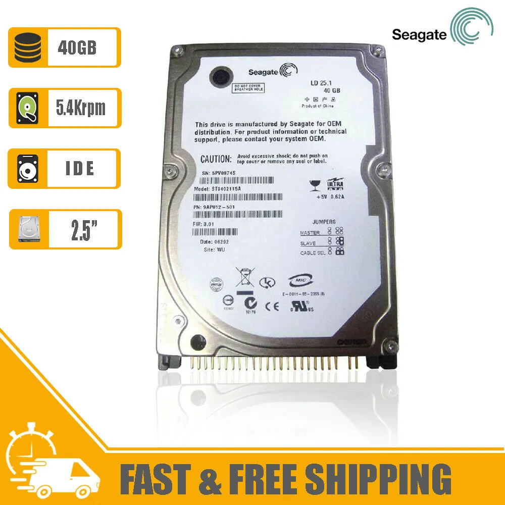 Seagate 2.5" Laptop Internal IDE Hard Drive 40GB 5400rpm 2MB ATA-100, ST9402115A