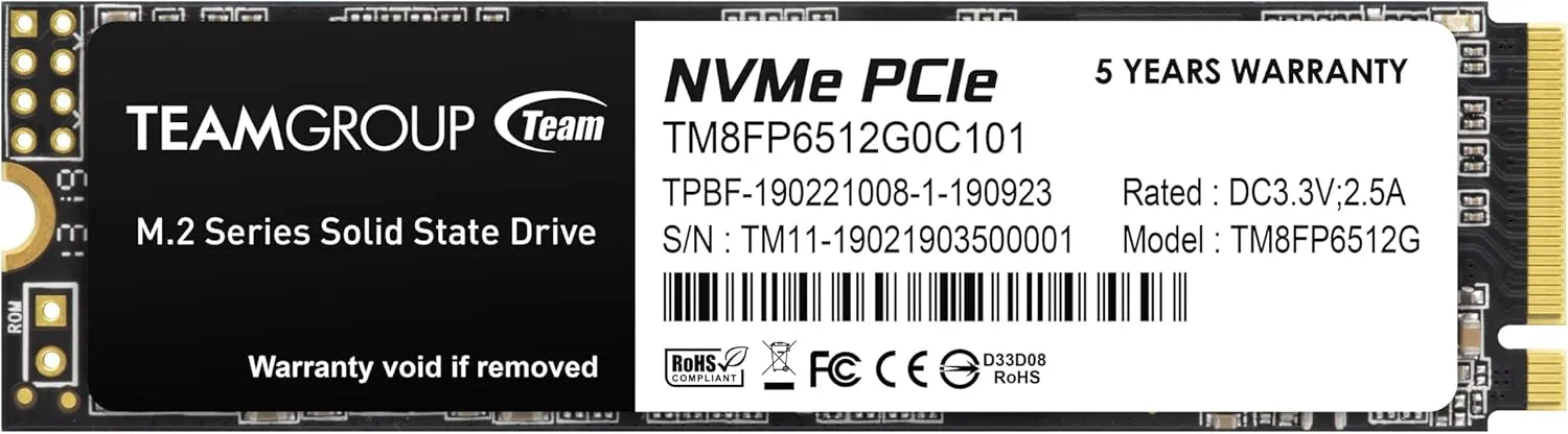 Team 512GB MP33 M.2 NVMe Gen3 SSD, M.2 2280, PCIe3, R/W 1700/1400 MB/s, Internal Solid State Drive