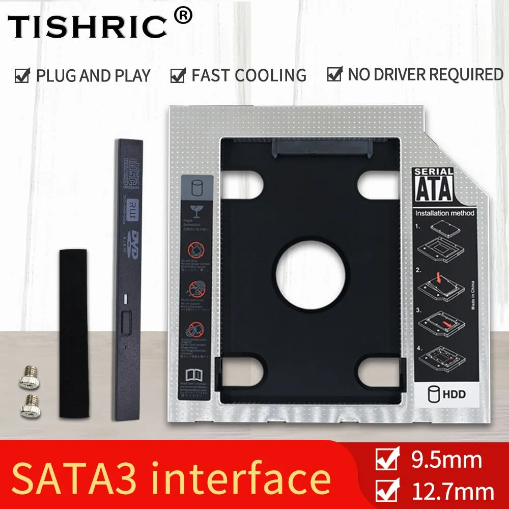 TISHRIC Universal Aluminum 2nd HDD Caddy 9.5 12.7mm SATA 3.0 Hard Disk Drive Box Optibay Enclosure 2.5 SSD For Laptop DVD-ROM