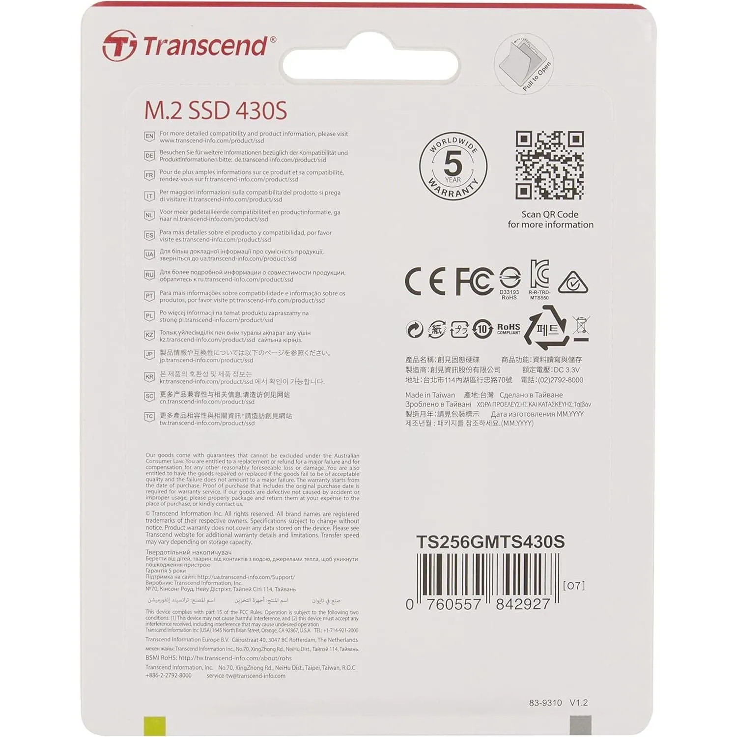 Transcend MTS430S 256 GB M.2 2242 SATA III 6 Gb/s Internal Solid State Drive (SSD) 3D TLC NAND with DRAM Cache (TS256GMTS430S)