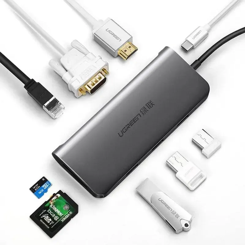 UGREEN 9-in-1 USB Type C Docking Station With 4K HDMI, VGA, Gigabit Ethernet, PD Charging, 3*USB 3.0 Ports, SD Card Reader Compatible for MacBook Pro 2018 2017, Dell XPS 13 (40873)